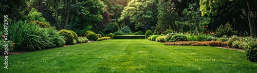 A perfectly manicured garden lawn displaying symmetrical designs photo