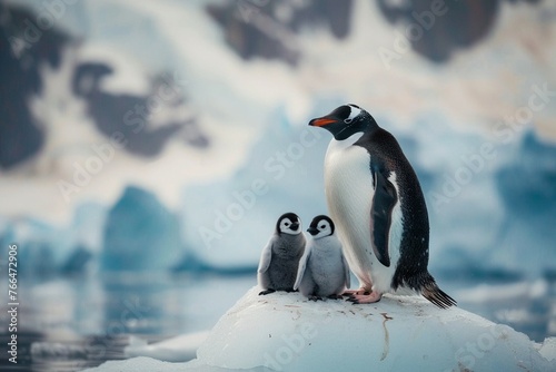 A penguin parent with chicks on a small ice floe
