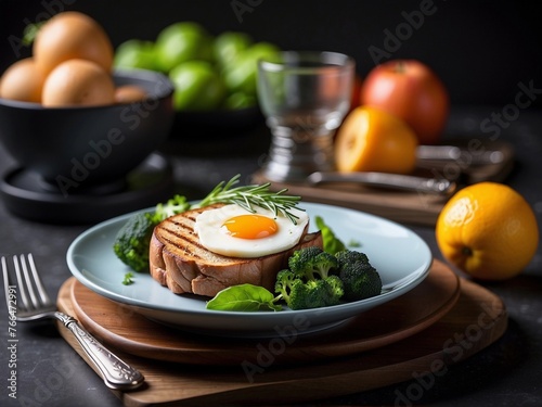 a plate of food with a fried egg ,bread ,broccoli and vegetables on a blue plate next to a fork and an orange
