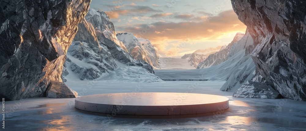 A serene podium set within an ice cave overlooking a majestic and snowy mountain range. - obrazy, fototapety, plakaty 