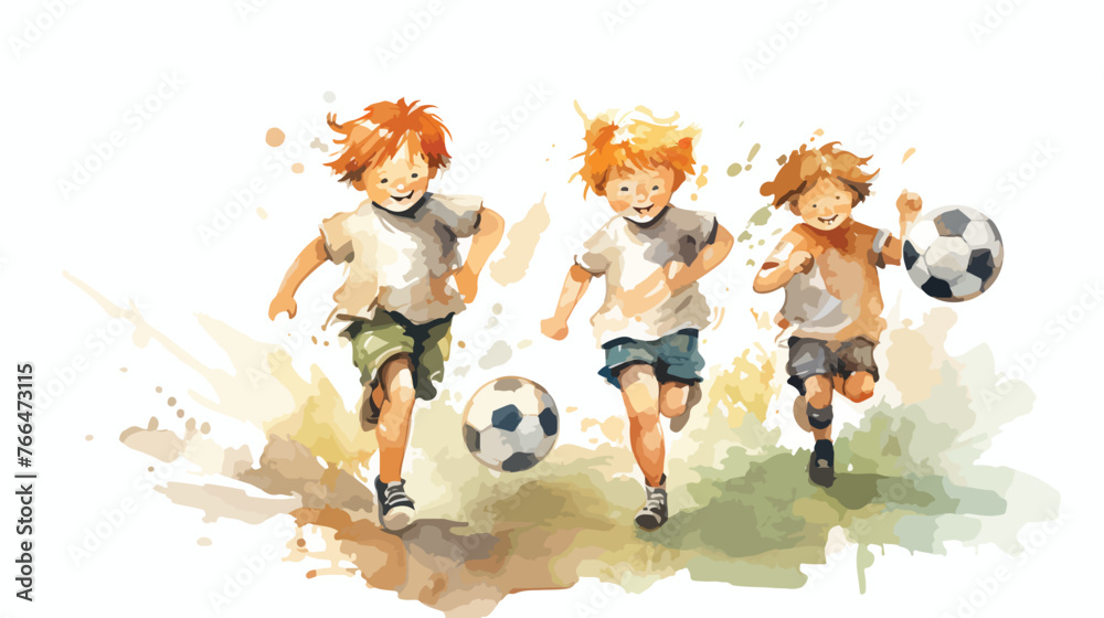 Soccer Kids Watercolor Flat vector isolated on white