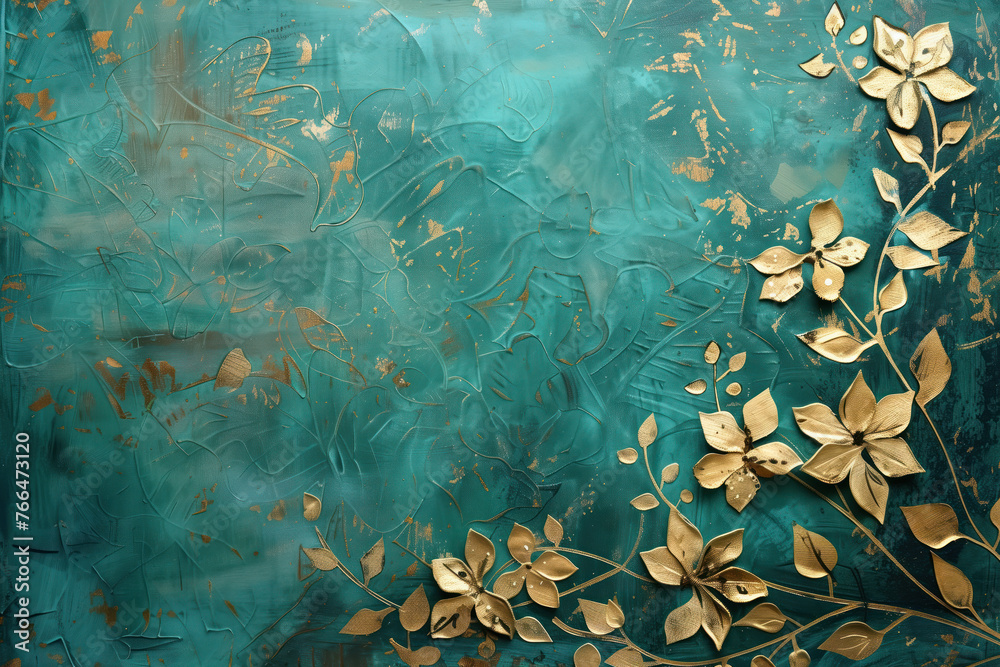 Naklejka premium Vintage gold floral pattern on a verdigris canvas. Background image. Created with Generative AI technology.