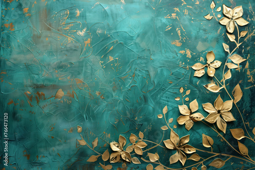 Vintage gold floral pattern on a verdigris canvas. Background image. Created with Generative AI technology.