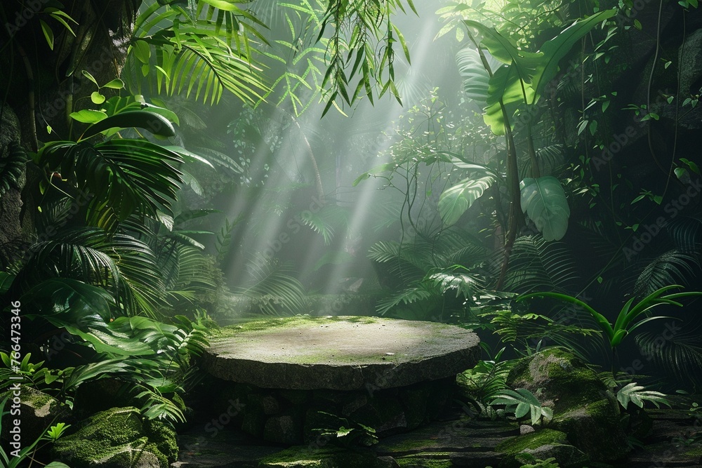 A Stone podium in a misty jungle setting with lush green foliage and ethereal rays of light. A Stone podium in a misty jungle setting with lush green foliage and ethereal rays of light.