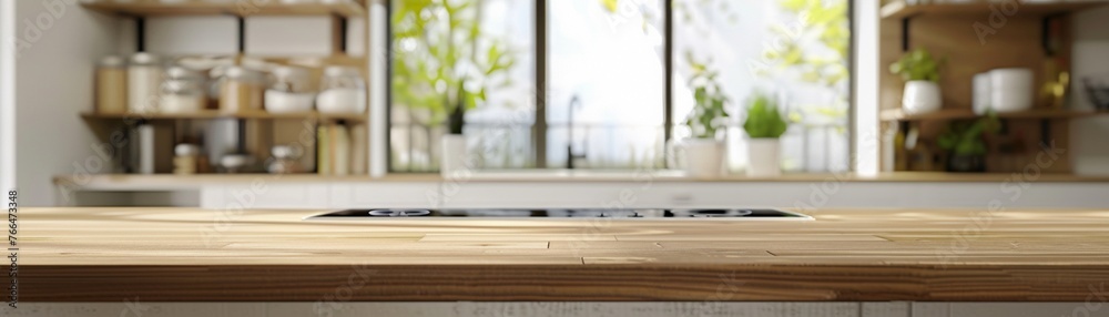 A Spacious modern kitchen design with a wooden countertop and blurred background of shelves and windows. A Spacious modern kitchen design with a wooden countertop and blurred background of shelves and windows.