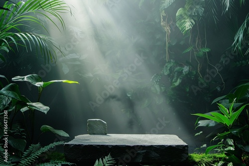 A Stone podium in a misty jungle setting with lush green foliage and ethereal rays of light.