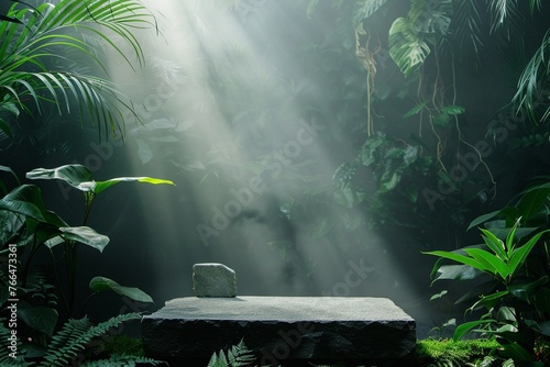 A Stone podium in a misty jungle setting with lush green foliage and ethereal rays of light. photo