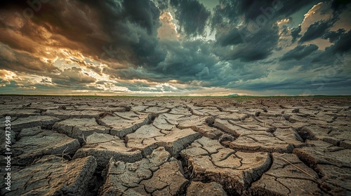A Vast landscape of dried cracked earth under a dramatic cloudy sky photo