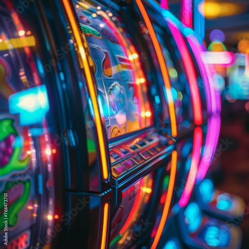 Macro shot of a slot machine with brightly glowing and flickering symbols. Job ID: a89544eb-d5dc-42b0-9d3a-d2b49775781b