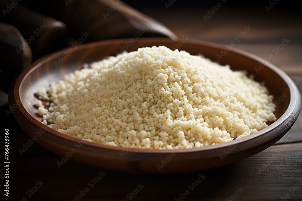 Delicious couscous on a porcelain platter against a whitewashed wood background