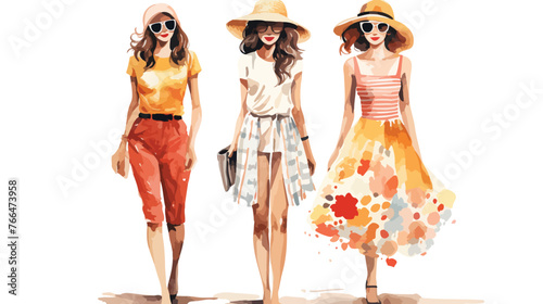 Summer Fashion Girls Watercolor Flat vector isolated