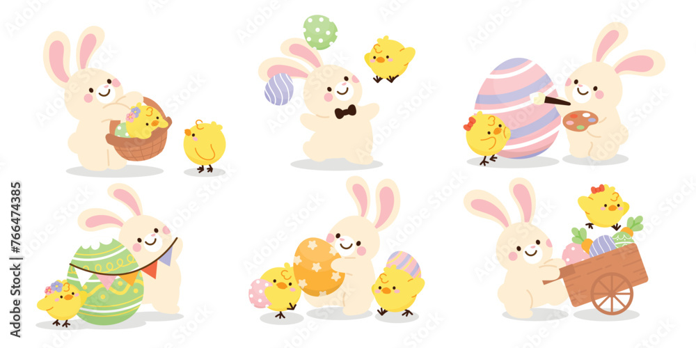 Set of cute easter chicks and rabbit vector. Happy Easter animal element with yellow chicks, lovely rabbit in different pose, easter egg, flower. Bunny character illustration design for clipart.