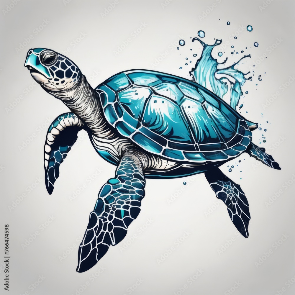 Obraz premium Turtle moves gracefully through water, its movements fluid, effortless. For fashion, clothing design, animal themed clothing advertising, as illustration for interesting clothing style, Tshirt design.