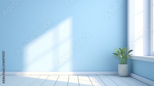 Empty room with light blue wall and natural shadow from window for product display and presentation concept background.