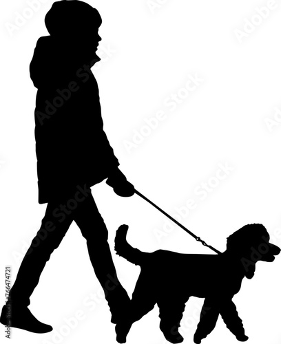 Silhouette on a white background of a people with a dog for a walk