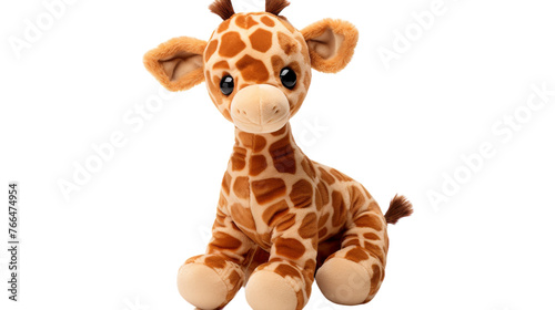 A small stuffed giraffe peacefully sits on a white surface