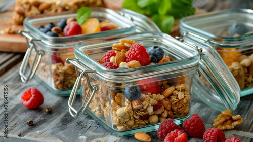 Tasty and Healthy Granola in Glass Containers. Nutritious snack with nuts, muesli and fresh berries