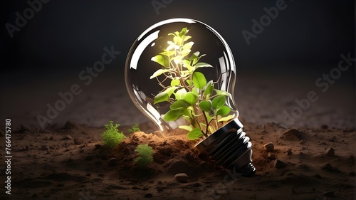 High-resolution 3D graphic of a glowing lightbulb as an energy-saving concept, together with themes of depleted soil, environment, high comfort costs, planet resources, innovation, lighting, electrici photo