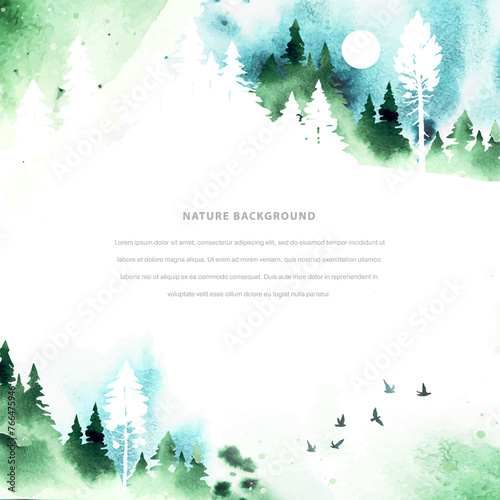 Watercolor summer vector template in green colors. Сoniferous forest, mountain, birds, sky and abstract watercolor vector splashes. Nature hand drawn frame with place for text