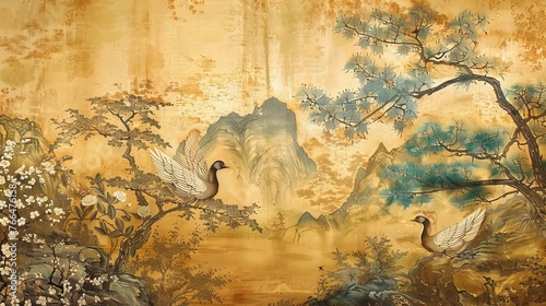 Chinoiserie style gold wallpaper. Luxury landscape wall mural. 