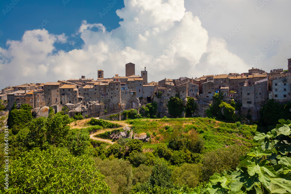 Vitorchiano's serene village panorama showcases charming homes, majestic churches, and rustic charm.