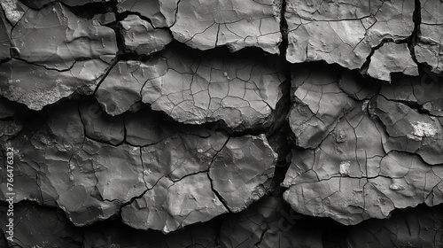 Black white rock texture. Cracked layered mountain surface. Close-up. Gray grungy stone background with space for design. Design concept. Rock concept. Stone concept. Banner concept. Picture concept.