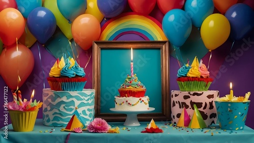 Photograph of birthday cake on aqua table with balloons, gifts, and decorations