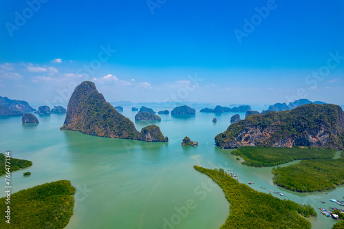 Aerial drone view landscape Phang Nga river and national park with mangrove jungle bay, nature of Thailand