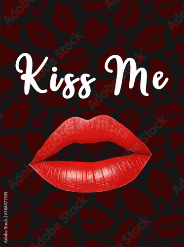 Halftone collage with cheek lips. Concept of kisses, red lips. Kissing trend poster with collage.