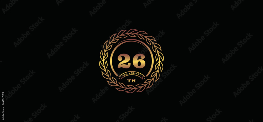 26st anniversary logo with ring and frame, gold color and black ...