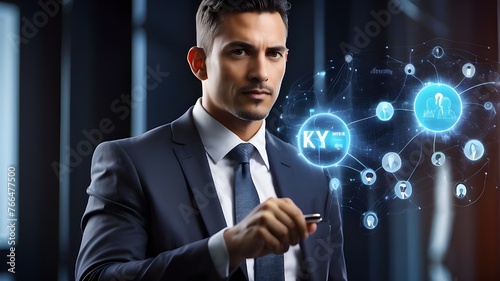 The idea of "know your customer" (KYC). A businessman using a sign for identity verification Boost financial stability and gain access to private financial information. Security using biometrics
