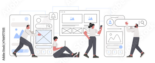 UI and UX concept. Designers creating and testing functional interface for mobile apps. Team characters working on web interface and app development. Vector illustration isolated on white background.