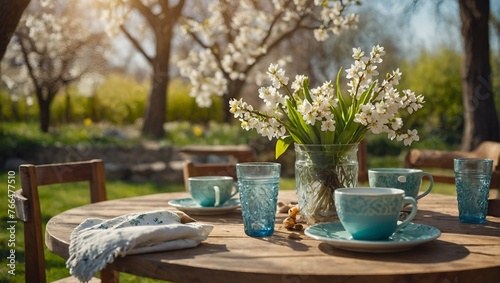 Spring Table With Trees In Blooming And Defocused Sunny Garden In Backgroung