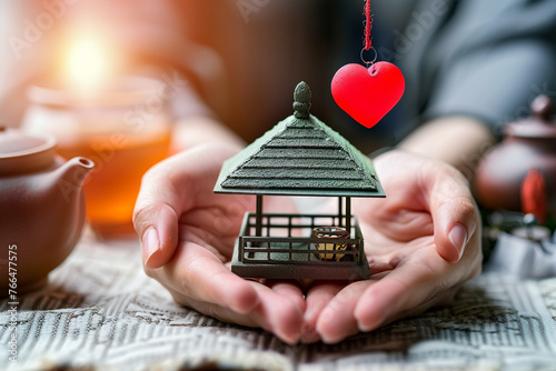 A small, elegant tea house model with a bright red heart hanging from the eaves, nestled between hands against a softly blurred background of a traditional tea ceremony.
