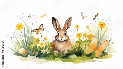 Watercolor illustration with bunny and bumblebee  © Blue