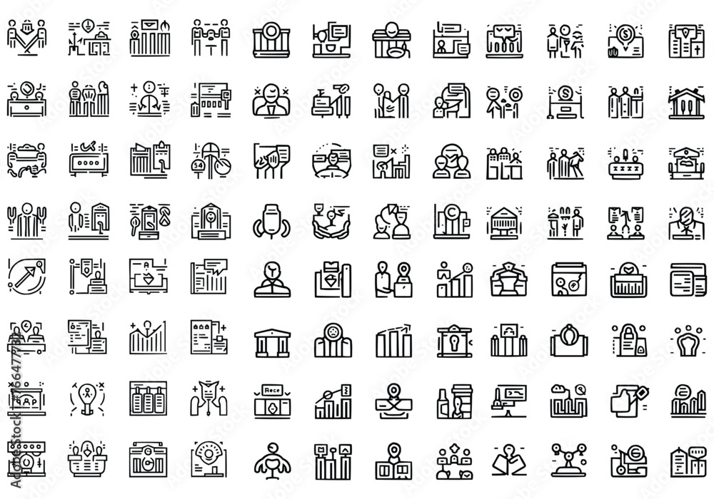 A sleek, linear set of contour icons representing various aspects of business icon.