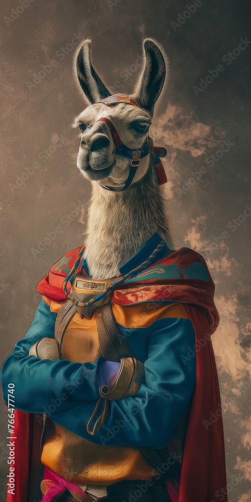 Giant llama, in modern clothes.  Anthropomorphic concept, 3d, background image for mobile phone, ios Android, banner for instagram stories vertical wallpaper