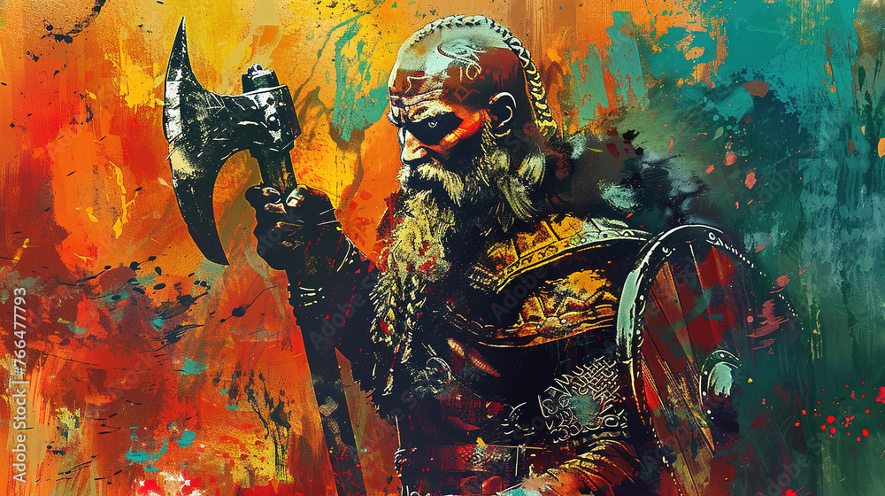 Viking fighter warrior with axe in mixed grunge colors style illustration.
