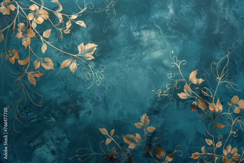 Vintage gold floral pattern on a verdigris canvas. Background image. Created with Generative AI technology.
