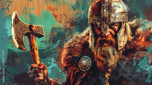 Viking fighter warrior with axe in mixed grunge colors style illustration. © Tepsarit