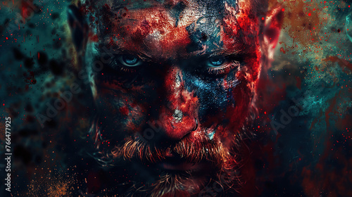 Bloody Viking fighter warrior in mixed grunge colors style illustration.