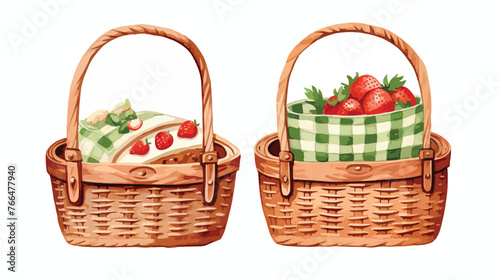 Watercolor Picnic Basket Flat vector isolated on white