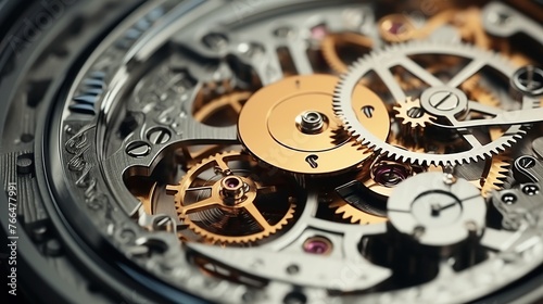 Stainless steel gear wheel mechanism of watch engine. Clock mechanism where each gear is intricately.