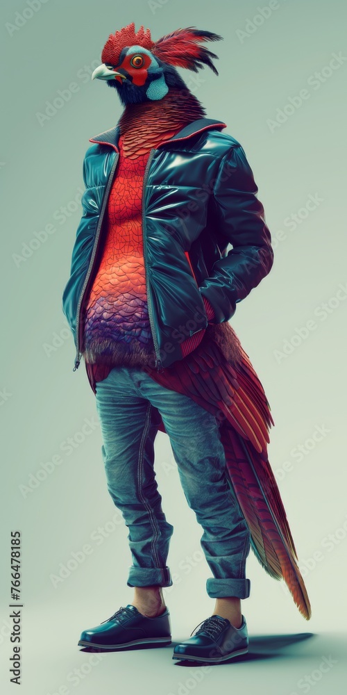 Fashionable style, bright giant bird, athlete. Anthropomorphic concept, 3d, background image for mobile phone, ios, Android, banner for instagram stories, vertical wallpaper