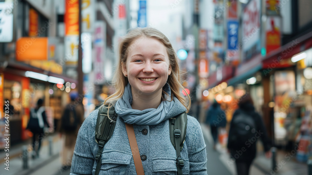 female tourist backpacker with the shopping street in Tokyo, Japan as background. Concept of travel, vacation, tourism and holiday.