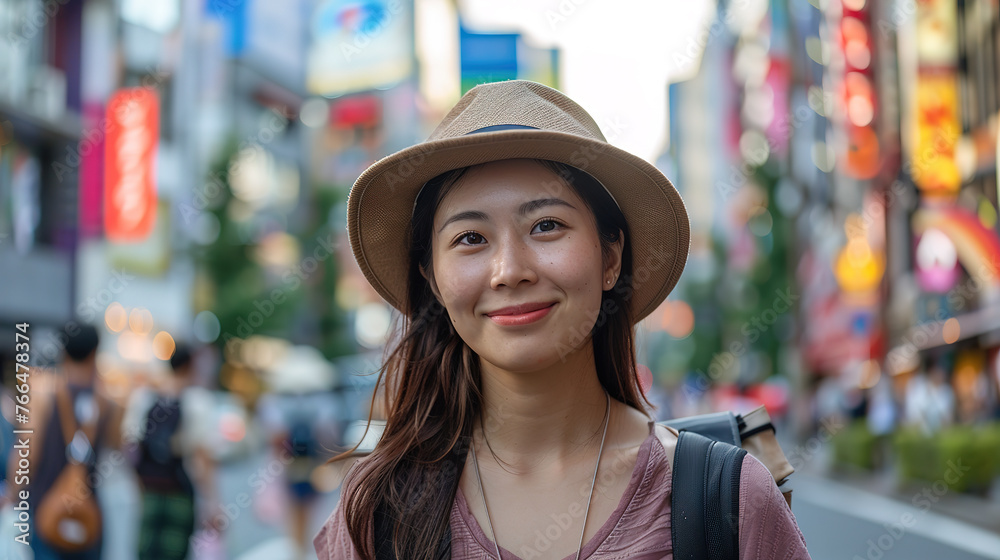 Female tourist backpacker with the shopping street in Tokyo, Japan as background. Concept of travel, vacation, tourism and holiday. Female tourist backpacker with the shopping street in Tokyo, Japan as background. Concept of travel, vacation, tourism and holiday.