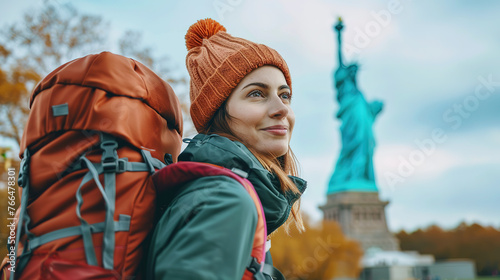 Female tourist backpacker with the Statue of Liberty in New York, USA as background. Concept of travel, vacation, tourism and holiday.