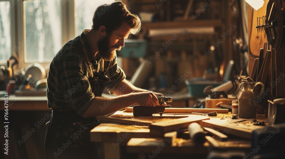 A man with a beard works in a workshop on a piece of wood. The room is filled with various woodworking tools and pieces of wood. The sun shines through the window, illuminating the man and his work. A man with a beard works in a workshop on a piece of wood. The room is filled with various woodworking tools and pieces of wood. The sun shines through the window, illuminating the man and his work.