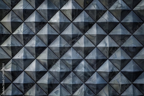 Abstract geometric background made of triangular patterned black and gray metal tiles with sharp angles and contrasting textures