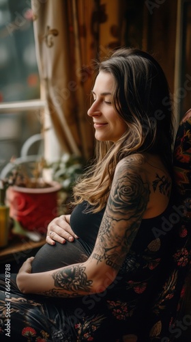 A pregnant woman with tattoos sits in a chair by a window.
